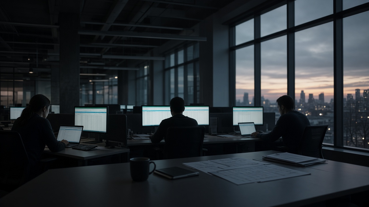 Business team buried in repetitive manual work at their desks
